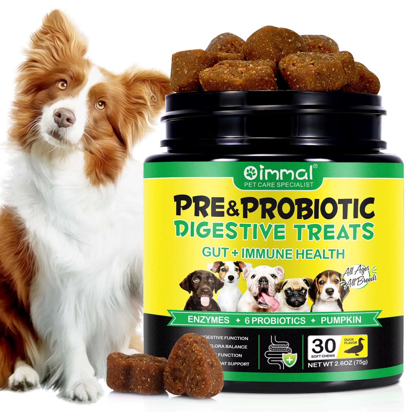 Oimmal 30 Soft Chews Digestive & Gut Health Support Natural Pet Food Supplement Dog Treats Snacks Probiotic Soft Chews for Pet