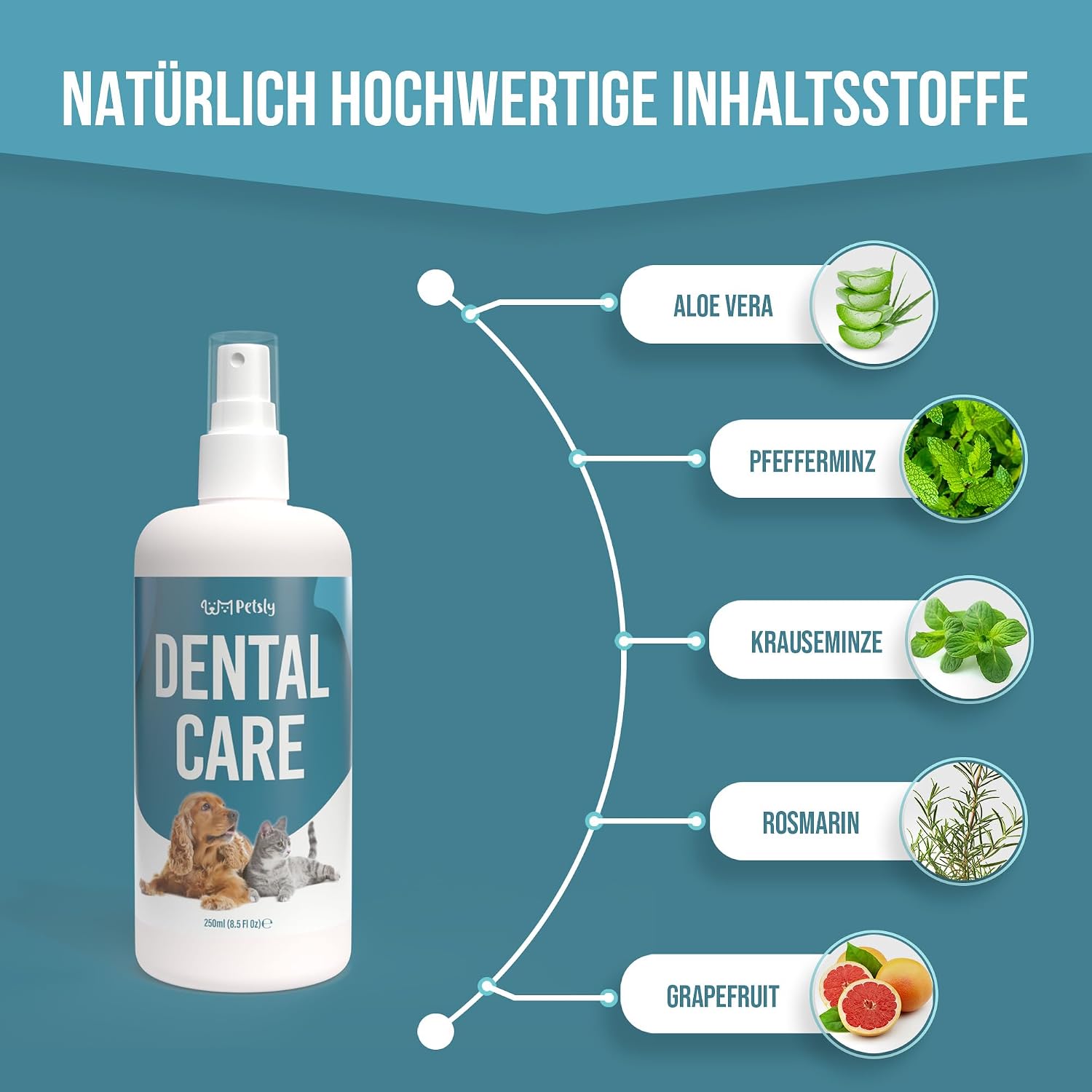 Petsly® Dentalspray Für Hunde & Katzen -250 Ml- Frische Minze - Kein Spülen Oder Bürsten - Gegen Zahnstein Und Schlechten Atem - Zahnpflege Hund & Katze Mit 3-Fach Wirkung