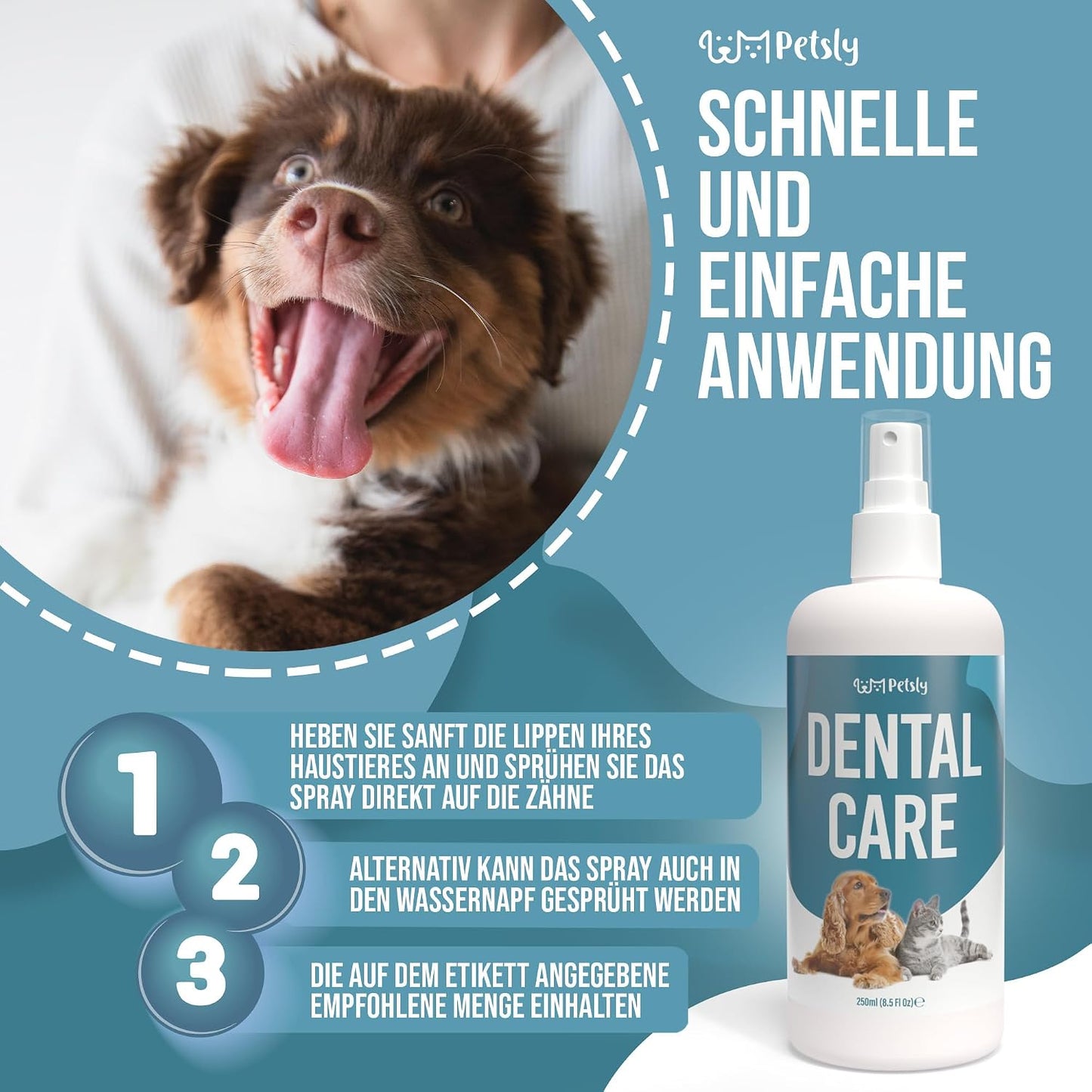 Petsly® Dentalspray Für Hunde & Katzen -250 Ml- Frische Minze - Kein Spülen Oder Bürsten - Gegen Zahnstein Und Schlechten Atem - Zahnpflege Hund & Katze Mit 3-Fach Wirkung