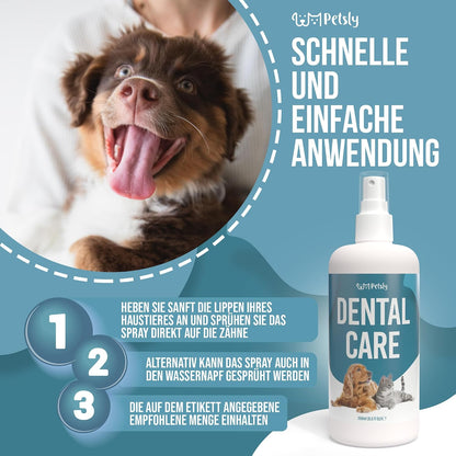 Petsly® Dentalspray Für Hunde & Katzen -250 Ml- Frische Minze - Kein Spülen Oder Bürsten - Gegen Zahnstein Und Schlechten Atem - Zahnpflege Hund & Katze Mit 3-Fach Wirkung